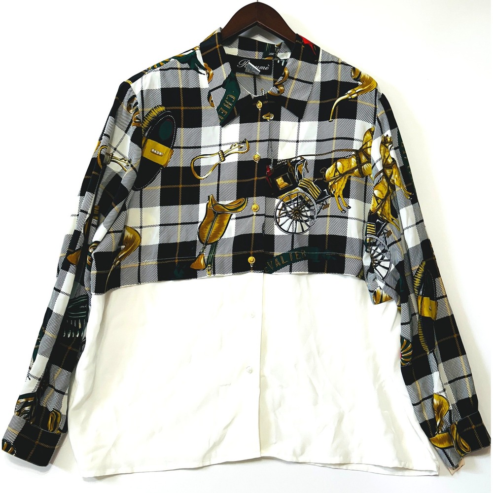 Resume Vintage Equestrian Button Down Shirt Plaid Horse Carriage 18W Black White